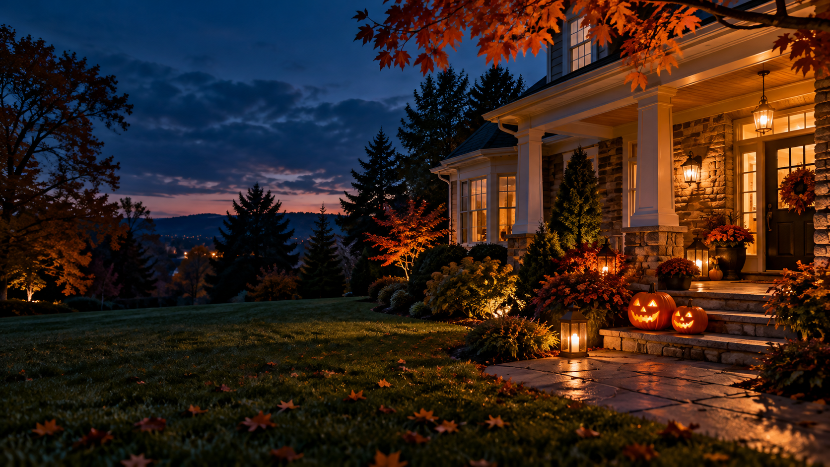 Twilight home with warm porch lighting, autumn foliage, and two glowing jack-o’-lanterns