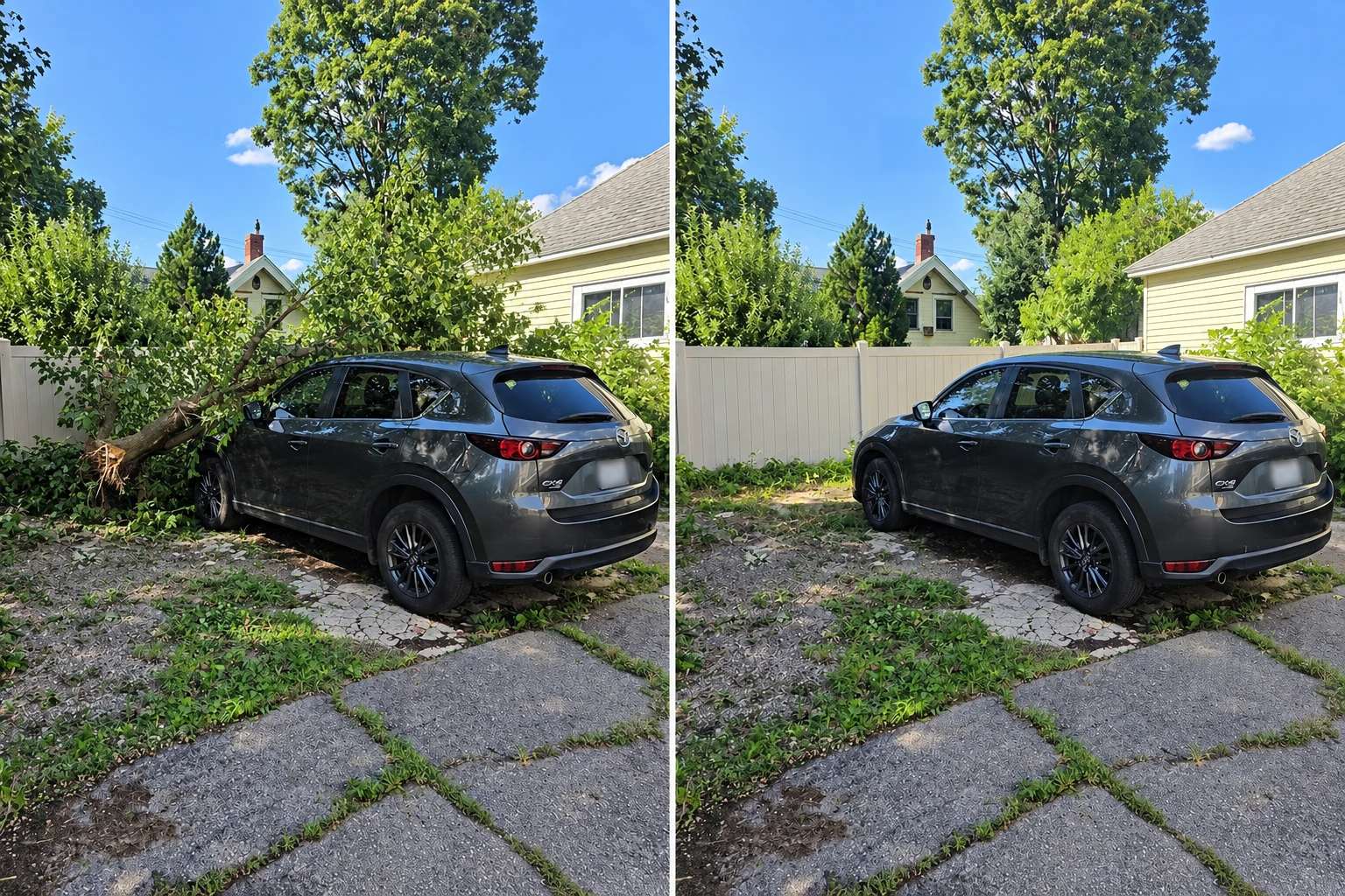 Side-by-side comparison from the rear of the same vehicle, showing the white fence and yellow garage: fallen tree before removal on the left, tree and fence-line debris removed on the right.